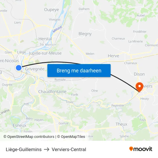 Liège-Guillemins to Verviers-Central map