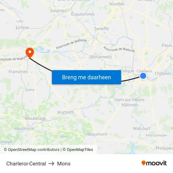 Charleroi-Central to Mons map