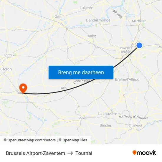 Brussels Airport-Zaventem to Tournai map