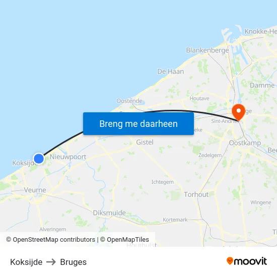 Koksijde to Bruges map