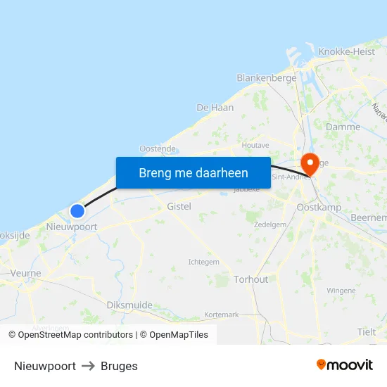 Nieuwpoort to Bruges map