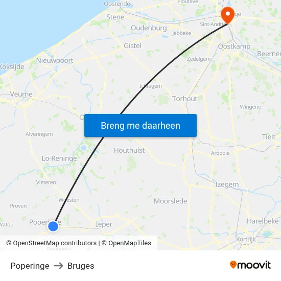 Poperinge to Bruges map