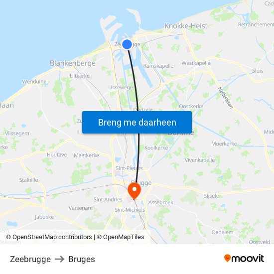 Zeebrugge to Bruges map