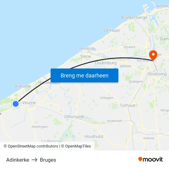 Adinkerke to Bruges map