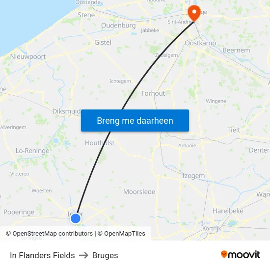 In Flanders Fields to Bruges map