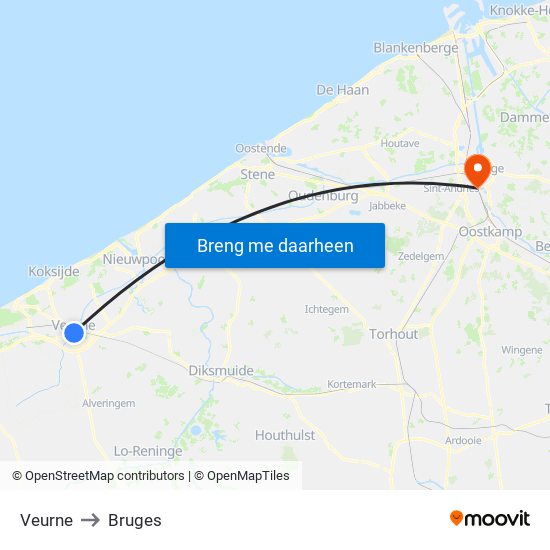Veurne to Bruges map