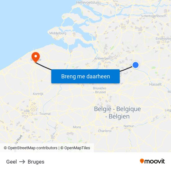 Geel to Bruges map
