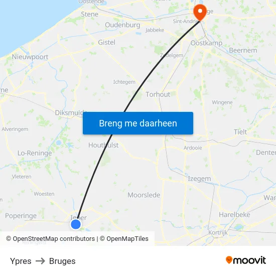 Ypres to Bruges map