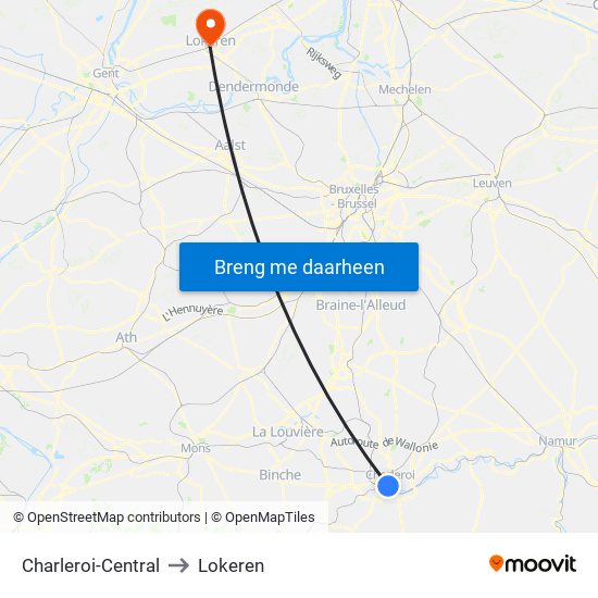 Charleroi-Central to Lokeren map