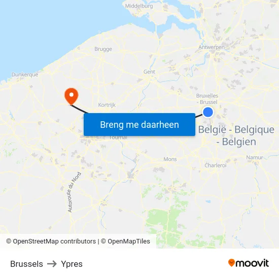 Brussels to Ypres map