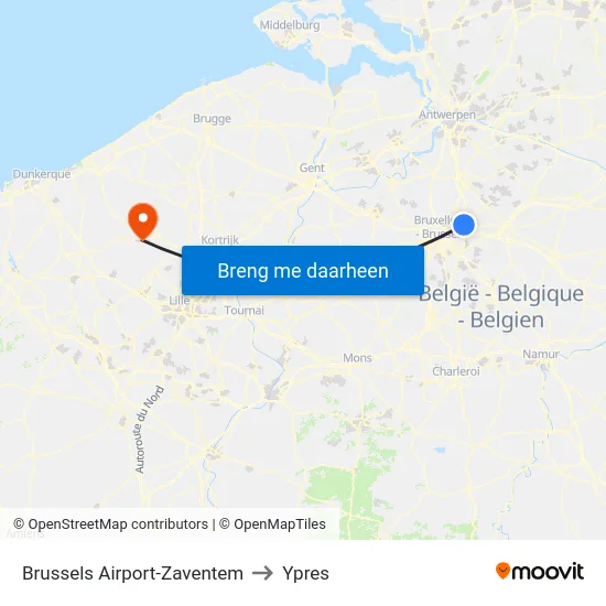 Brussels Airport-Zaventem to Ypres map