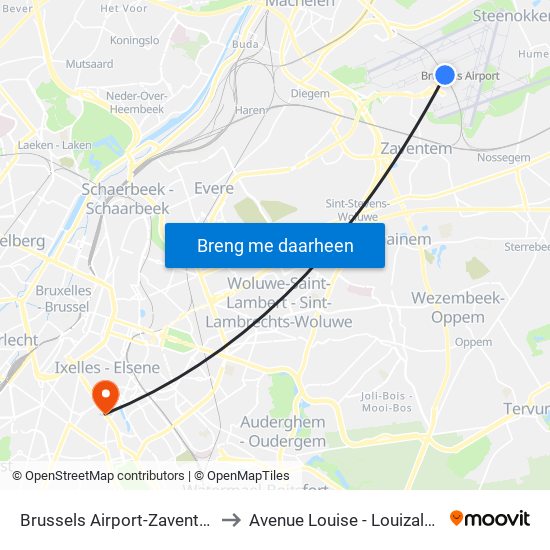 Brussels Airport-Zaventem to Avenue Louise - Louizalaan map