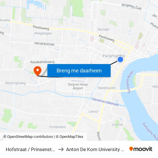 Hofstraat / Prinsenstraat to Anton De Kom University Adek map