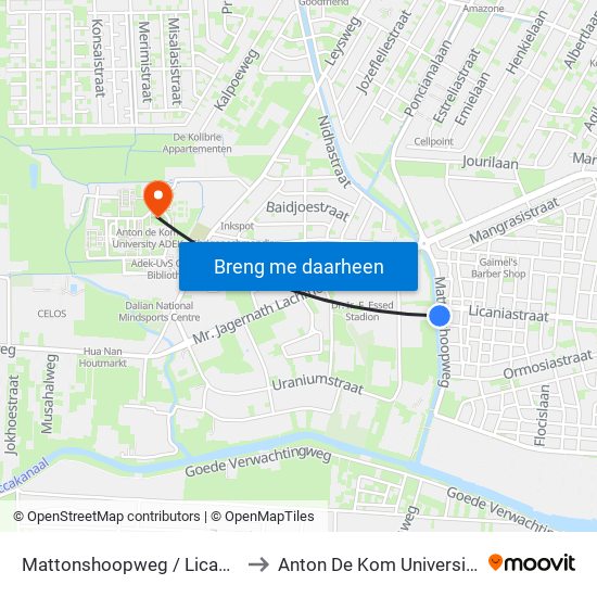 Mattonshoopweg / Licaniastraat to Anton De Kom University Adek map