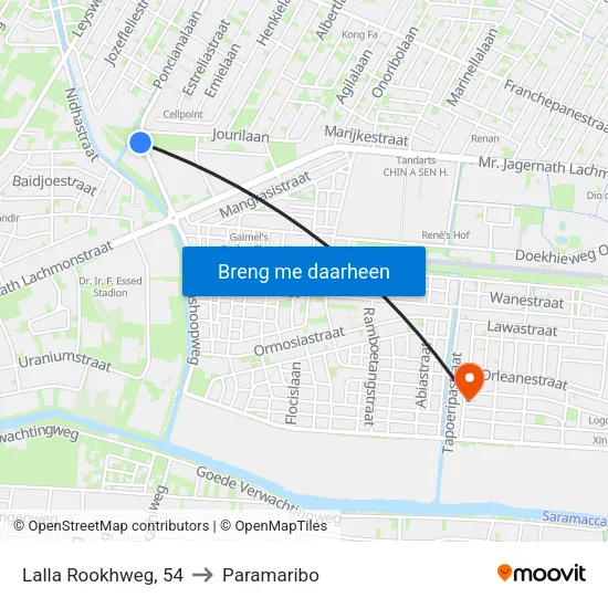 Lalla Rookhweg, 54 to Paramaribo map