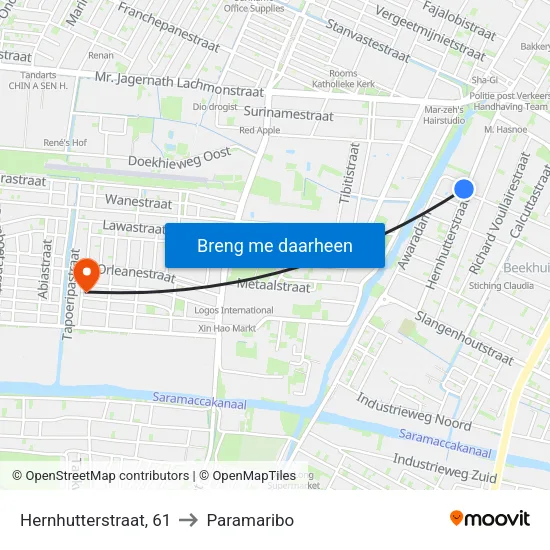 Hernhutterstraat, 61 to Paramaribo map