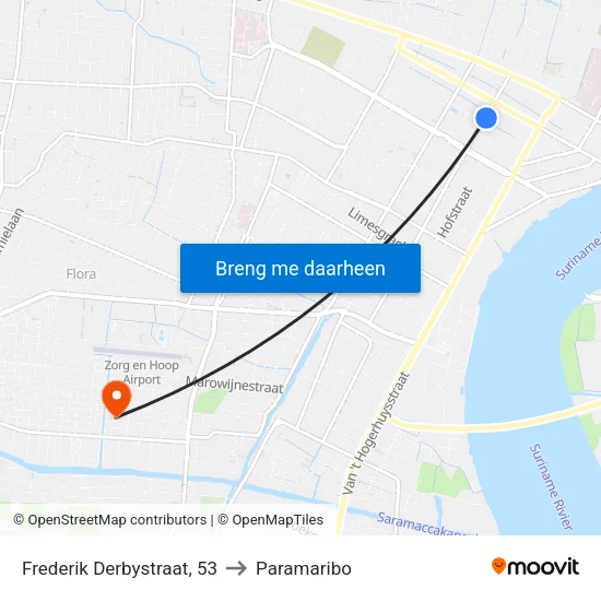 Frederik Derbystraat, 53 to Paramaribo map