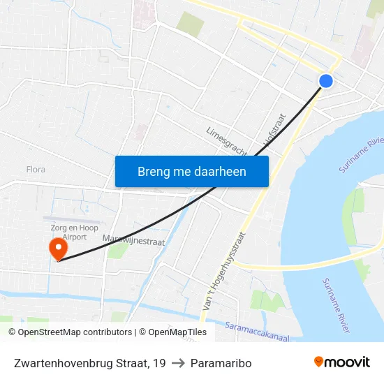 Zwartenhovenbrug Straat, 19 to Paramaribo map