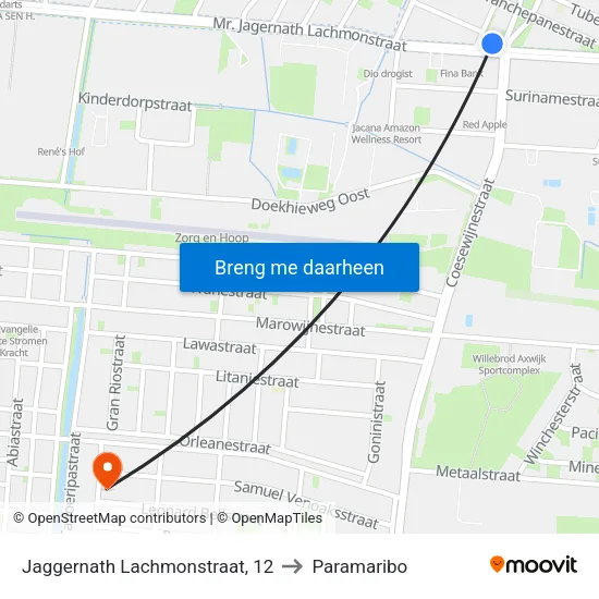 Jaggernath Lachmonstraat, 12 to Paramaribo map