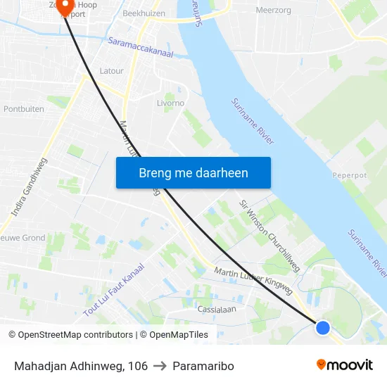 Mahadjan Adhinweg, 106 to Paramaribo map