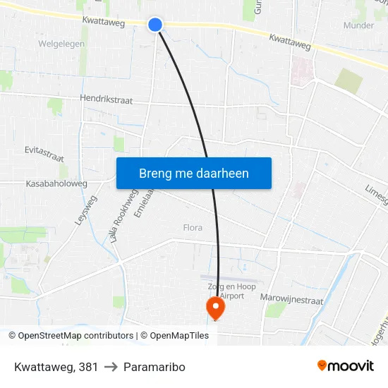 Kwattaweg, 381 to Paramaribo map