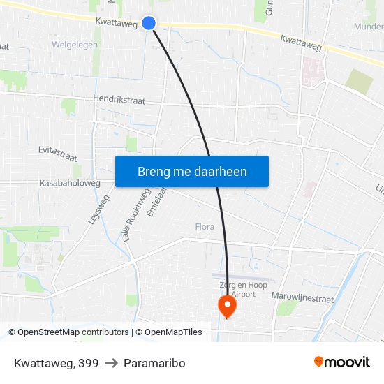 Kwattaweg, 399 to Paramaribo map