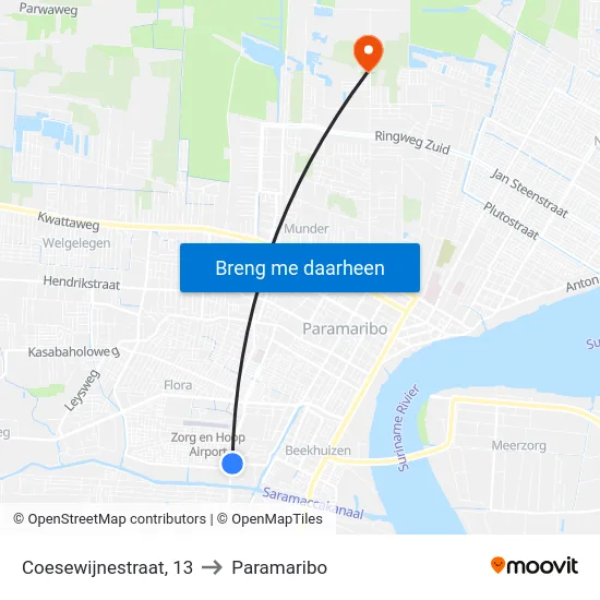 Coesewijnestraat, 13 to Paramaribo map