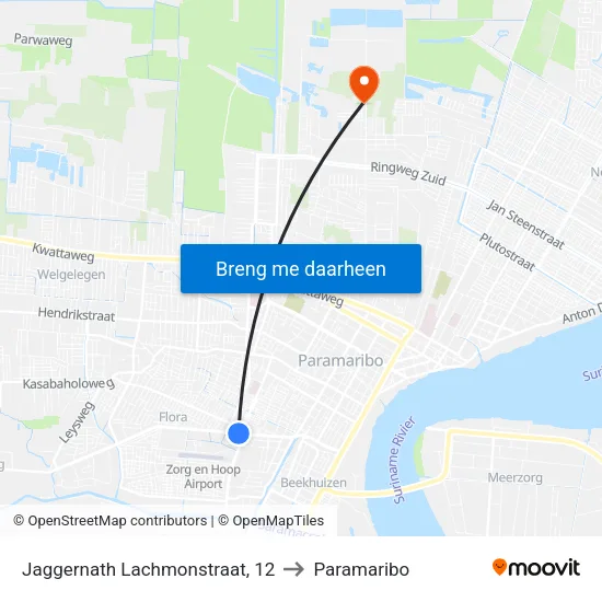 Jaggernath Lachmonstraat, 12 to Paramaribo map