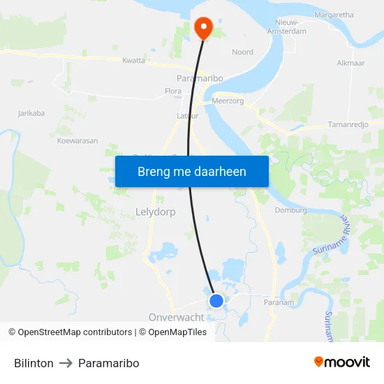 Bilinton to Paramaribo map
