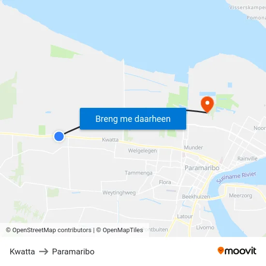 Kwatta to Paramaribo map