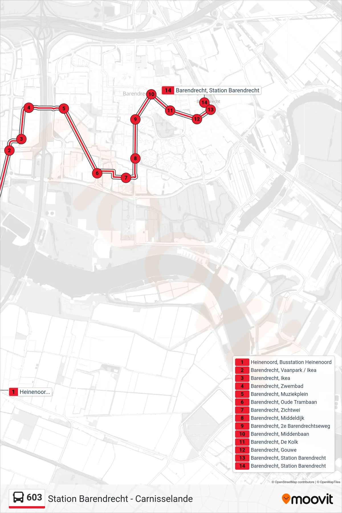 Lijn 603 (bus, Station Barendrecht): route en haltes op de kaart