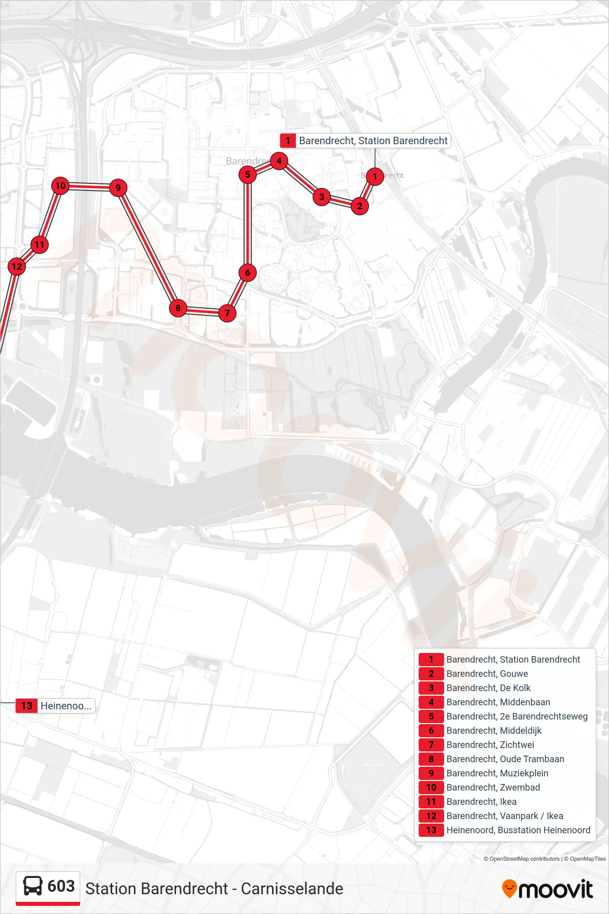 603 bus Line (Busstation Heinenoord) route and stops on a map