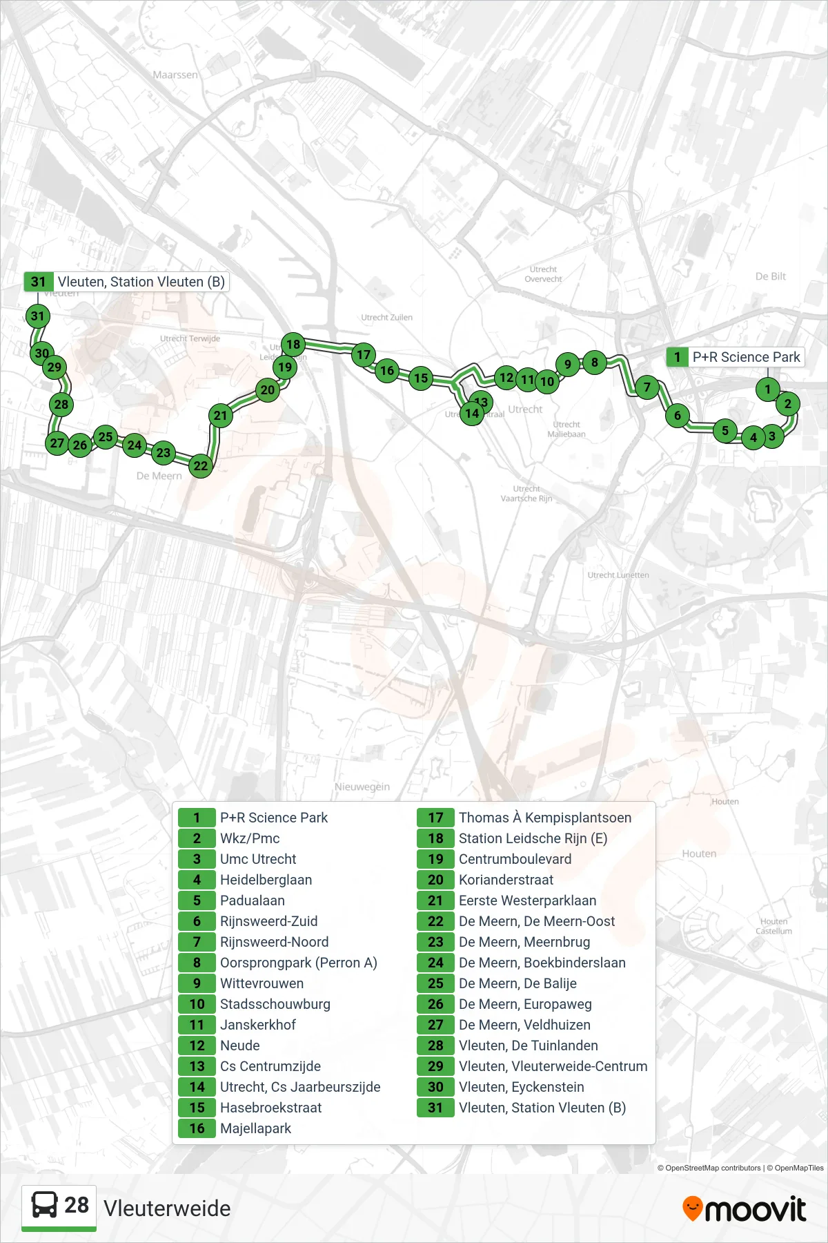 Lijn 28 (bus, Vleuterweide): route en haltes op de kaart