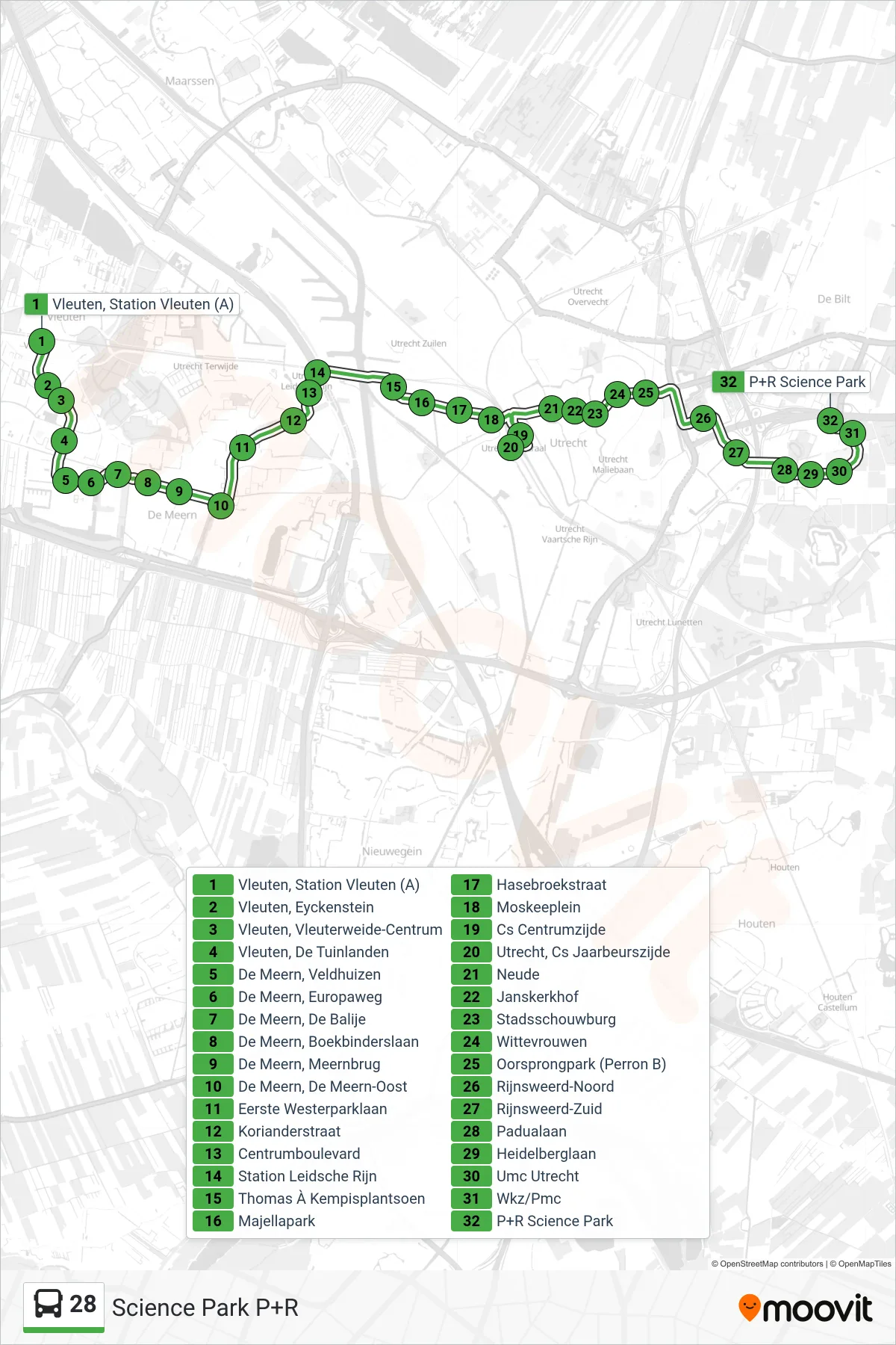 Lijn 28 (bus, Science Park P+R): route en haltes op de kaart