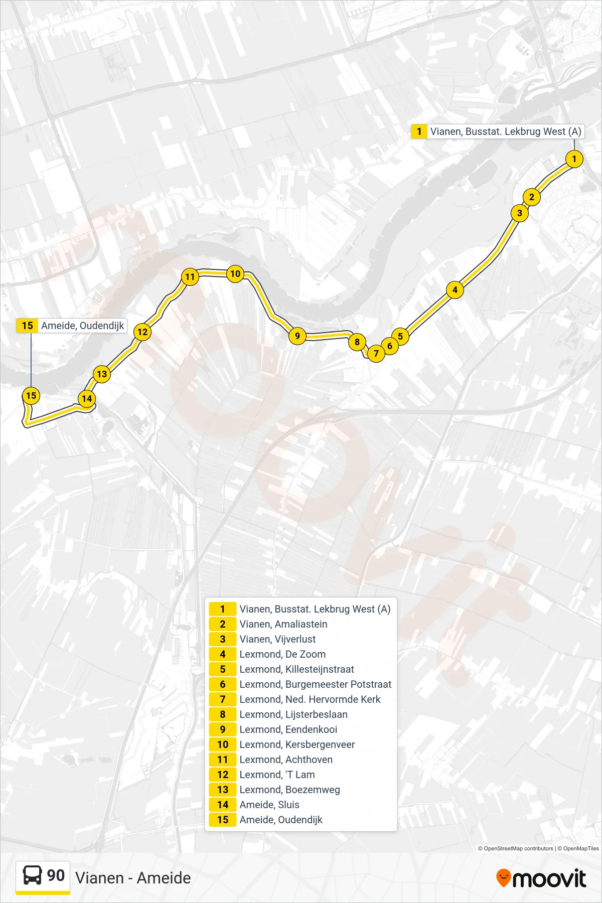 Lijn 90 (bus, Ameide): route en haltes op de kaart