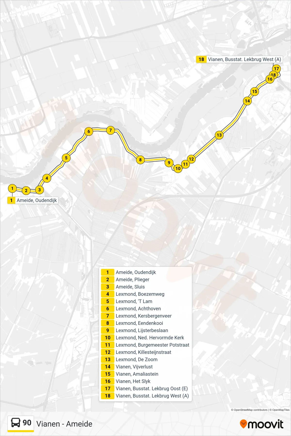 Lijn 90 (bus, Vianen Lekbrug): route en haltes op de kaart