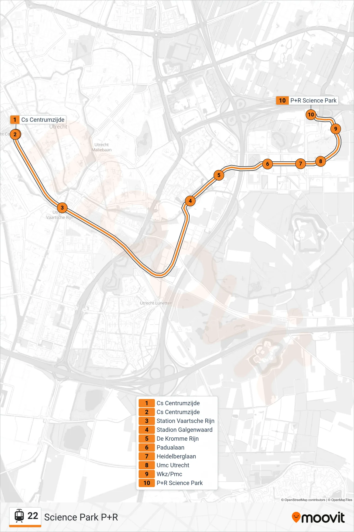 Lijn 22 (tram, Science Park P+R): route en haltes op de kaart
