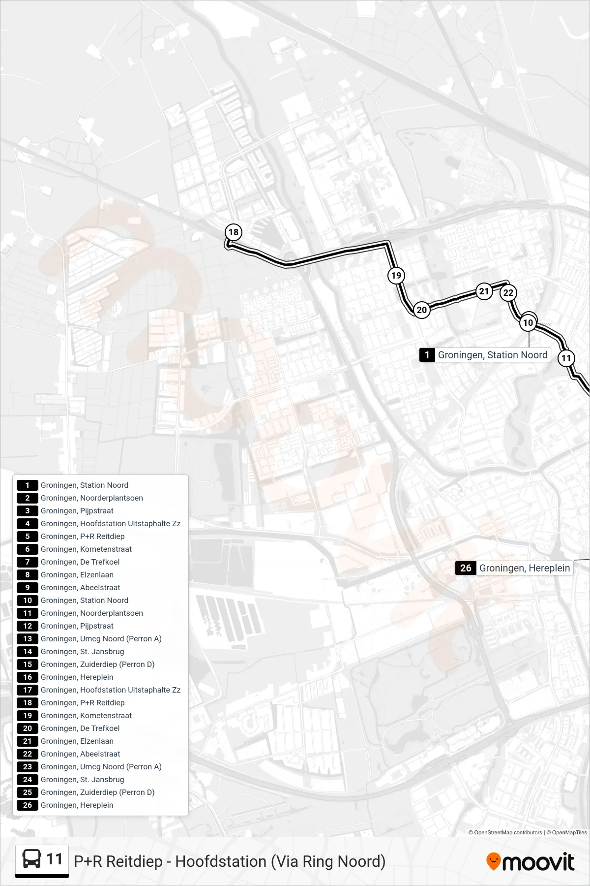 Lijn 11 (bus, Umcg Noord - Hs): route en haltes op de kaart