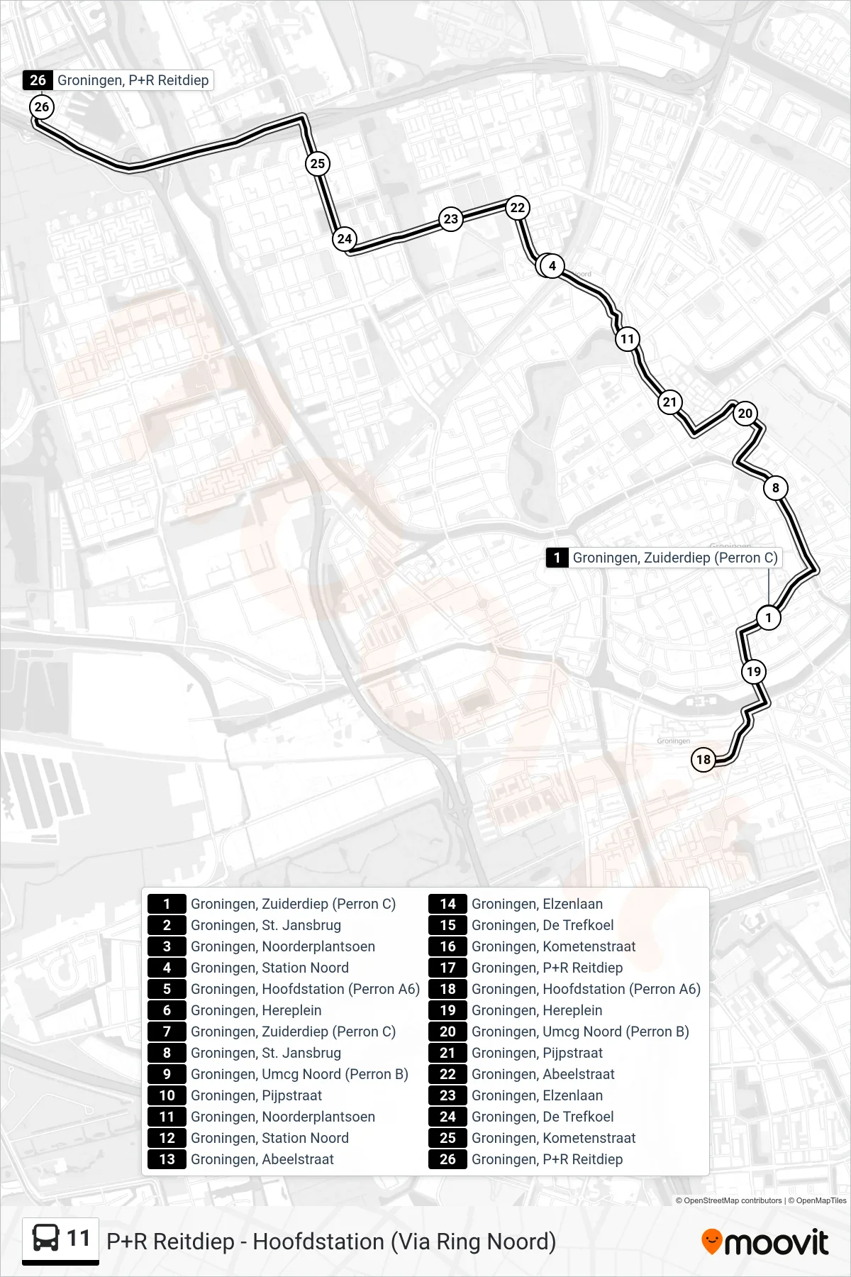Lijn 11 (bus, P+R Reitdiep): route en haltes op de kaart