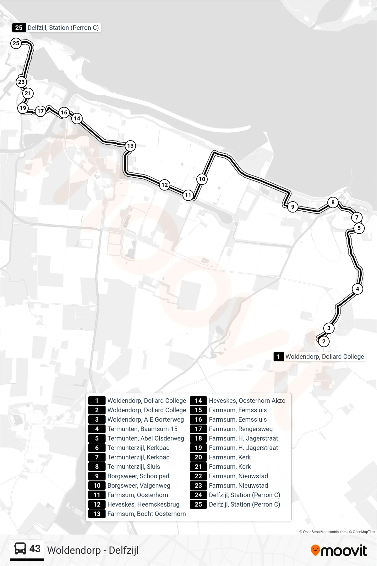 Lijn 43 (bus, Delfzijl): route en haltes op de kaart