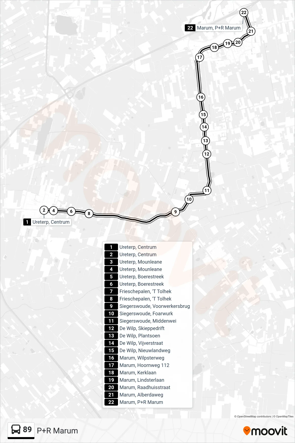 Lijn 89 (bus, P+R Marum): route en haltes op de kaart