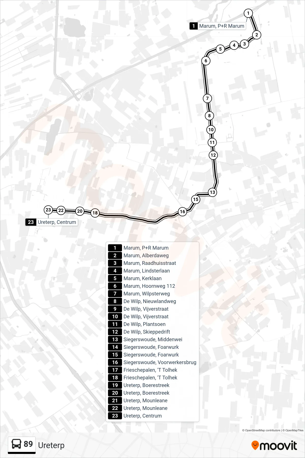 Lijn 89 (bus, Ureterp): route en haltes op de kaart