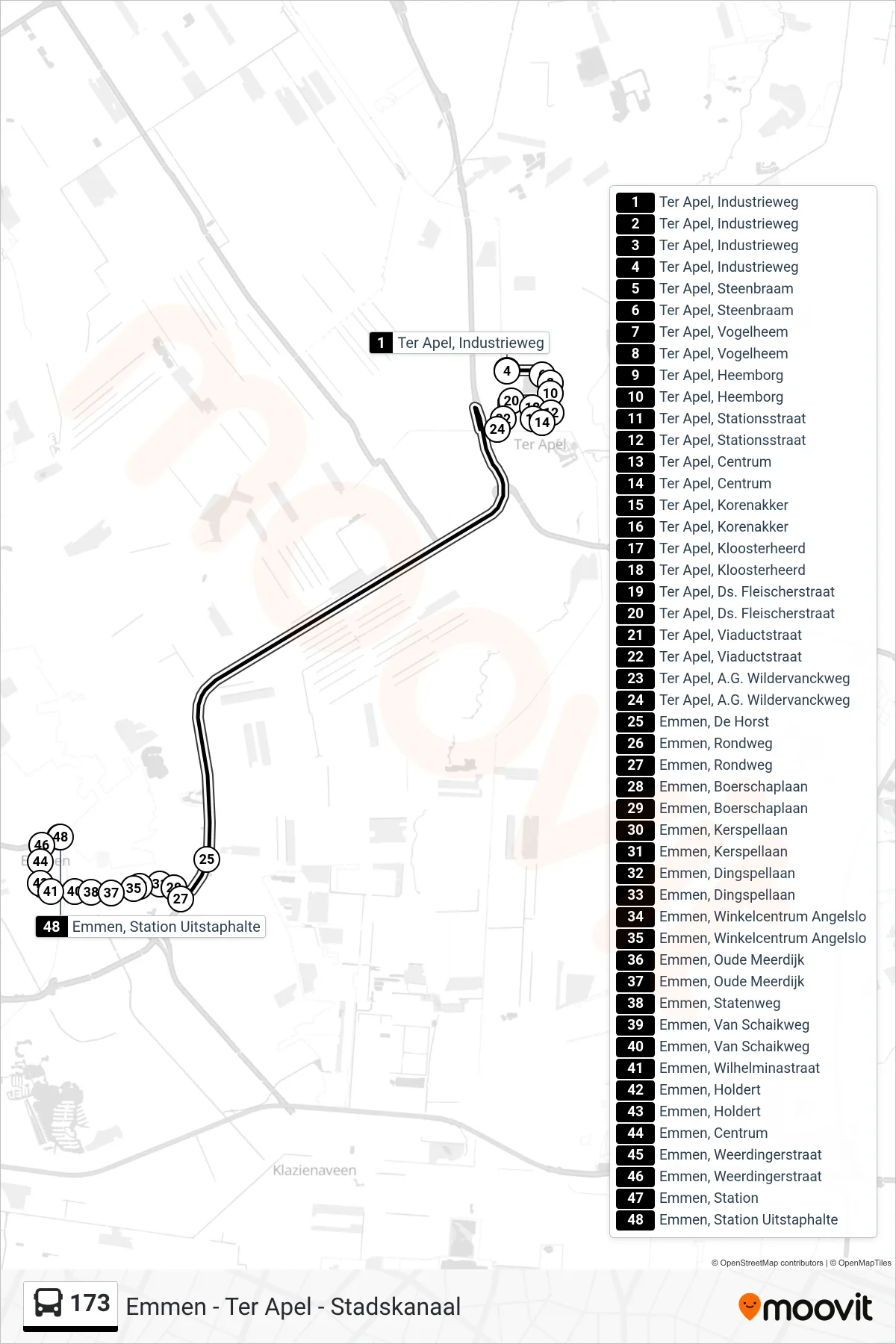 173 bus Line (Emmen) route and stops on a map