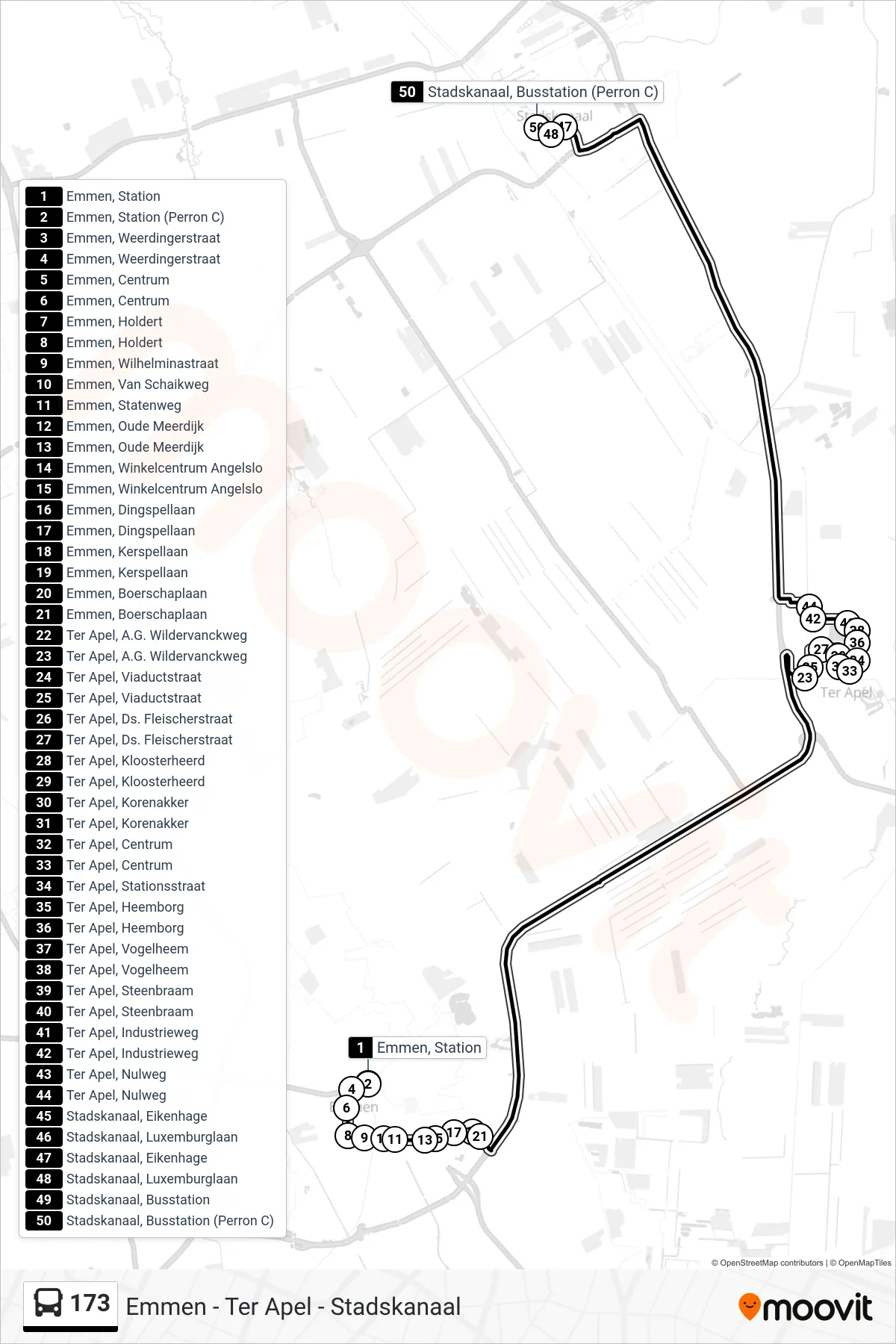 Lijn 173 (bus, Stadskanaal): route en haltes op de kaart