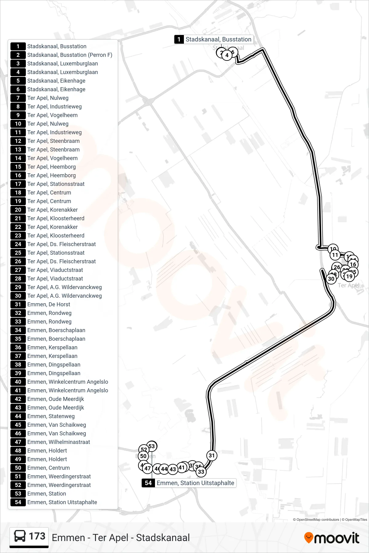 173 bus Line (Emmen Angelslo) route and stops on a map