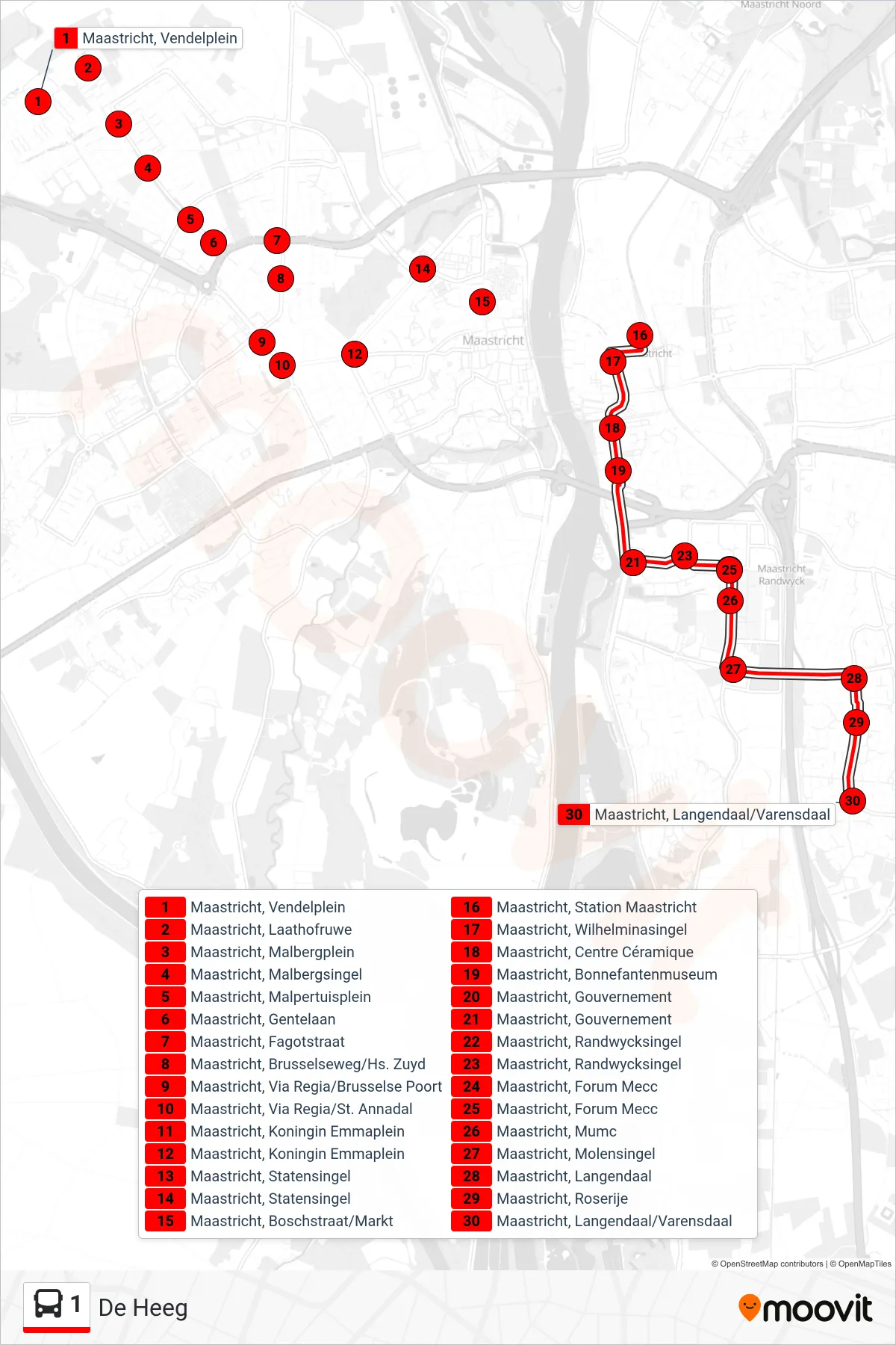 1 bus Line (De Heeg) route and stops on a map