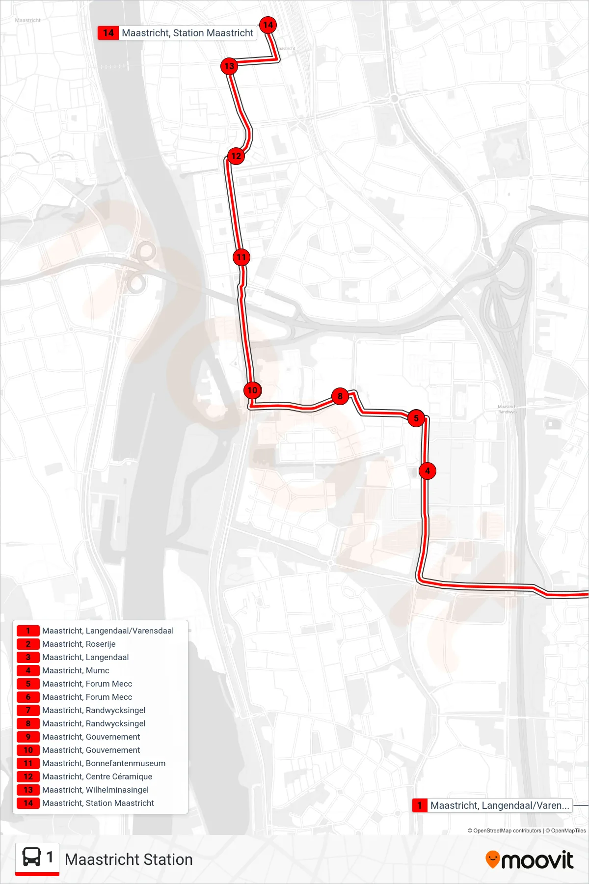 Lijn 1 (bus, Maastricht Station): route en haltes op de kaart