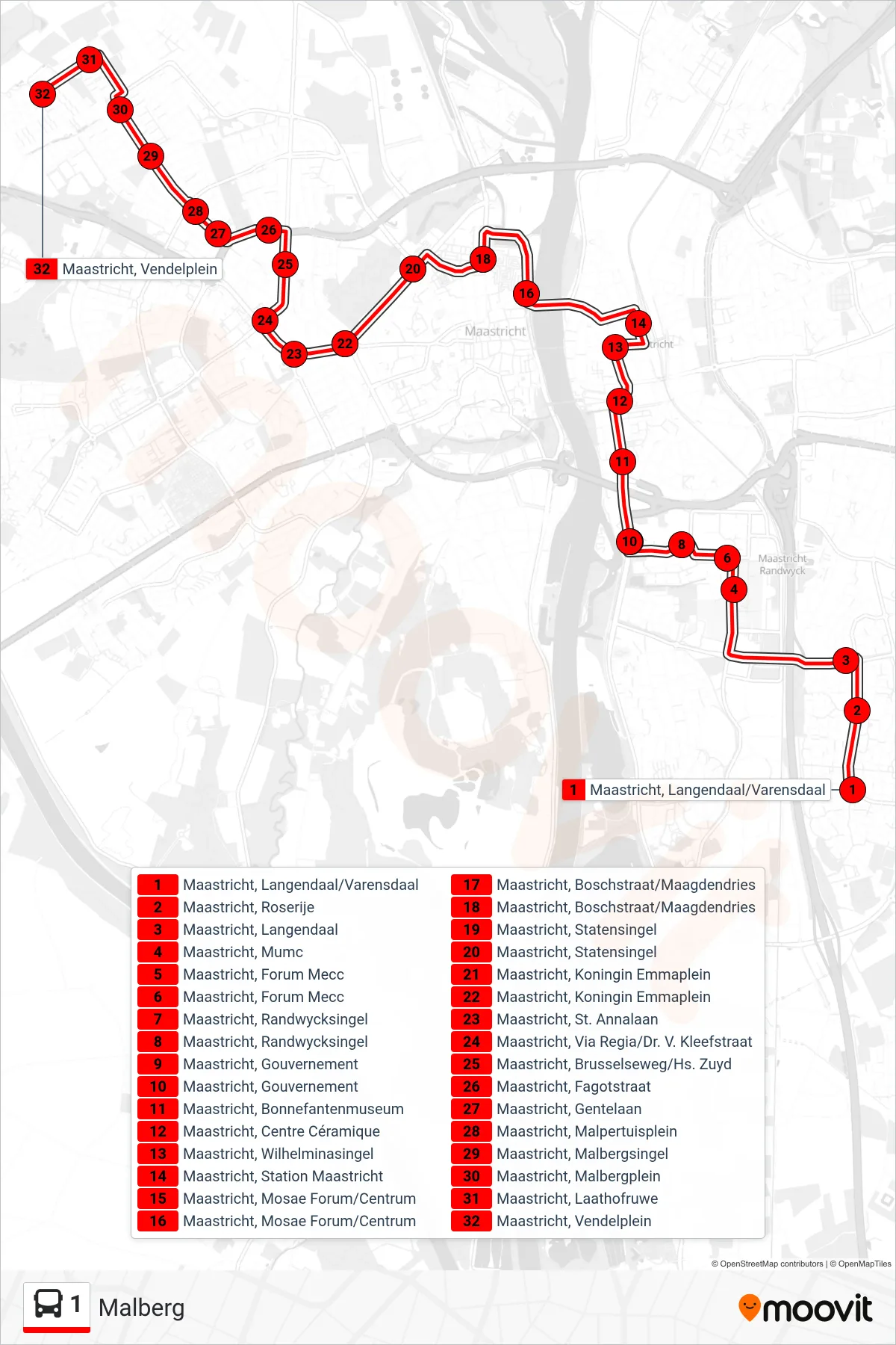 Lijn 1 (bus, Malberg): route en haltes op de kaart