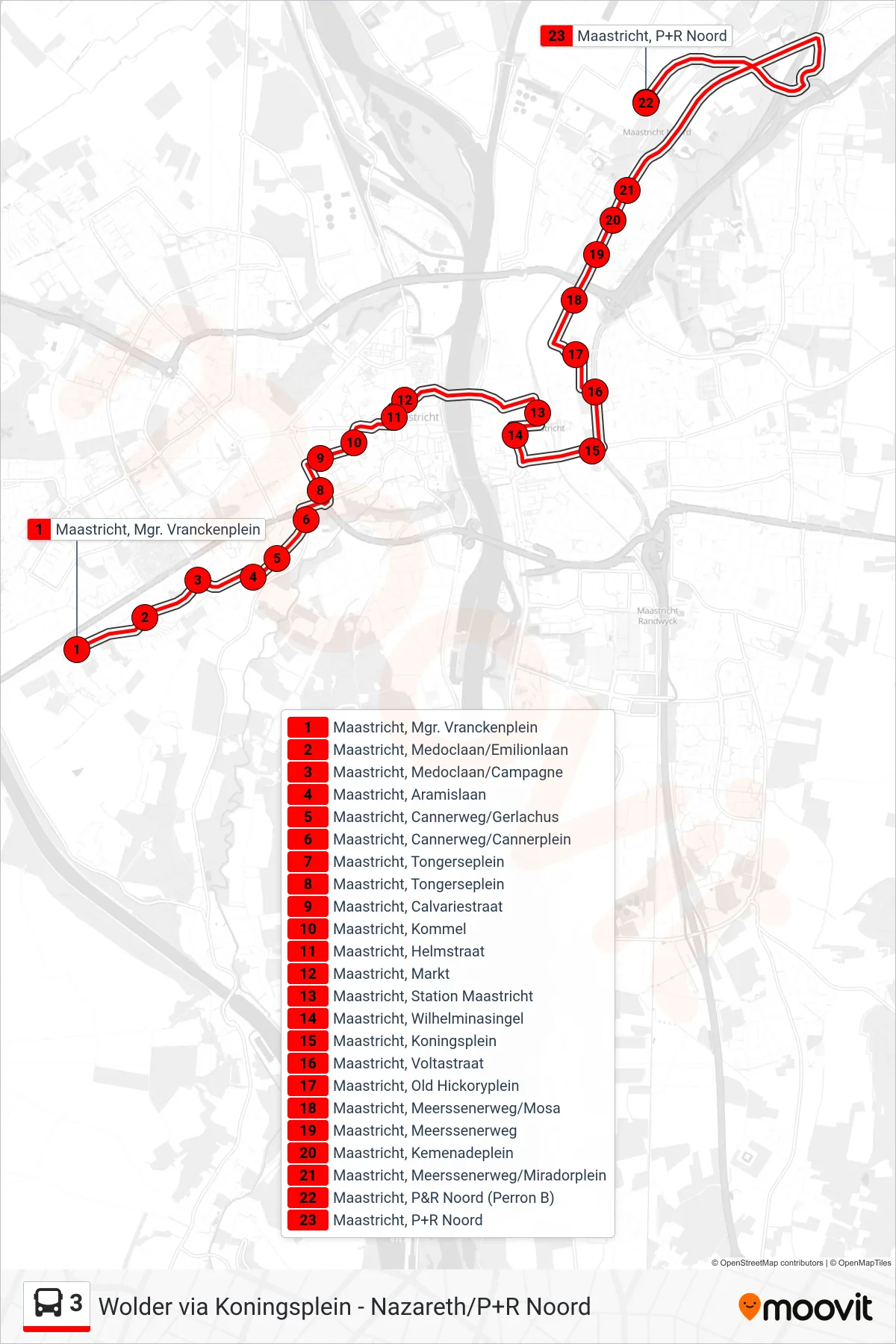 3 bus Line (P+R Noord) route and stops on a map