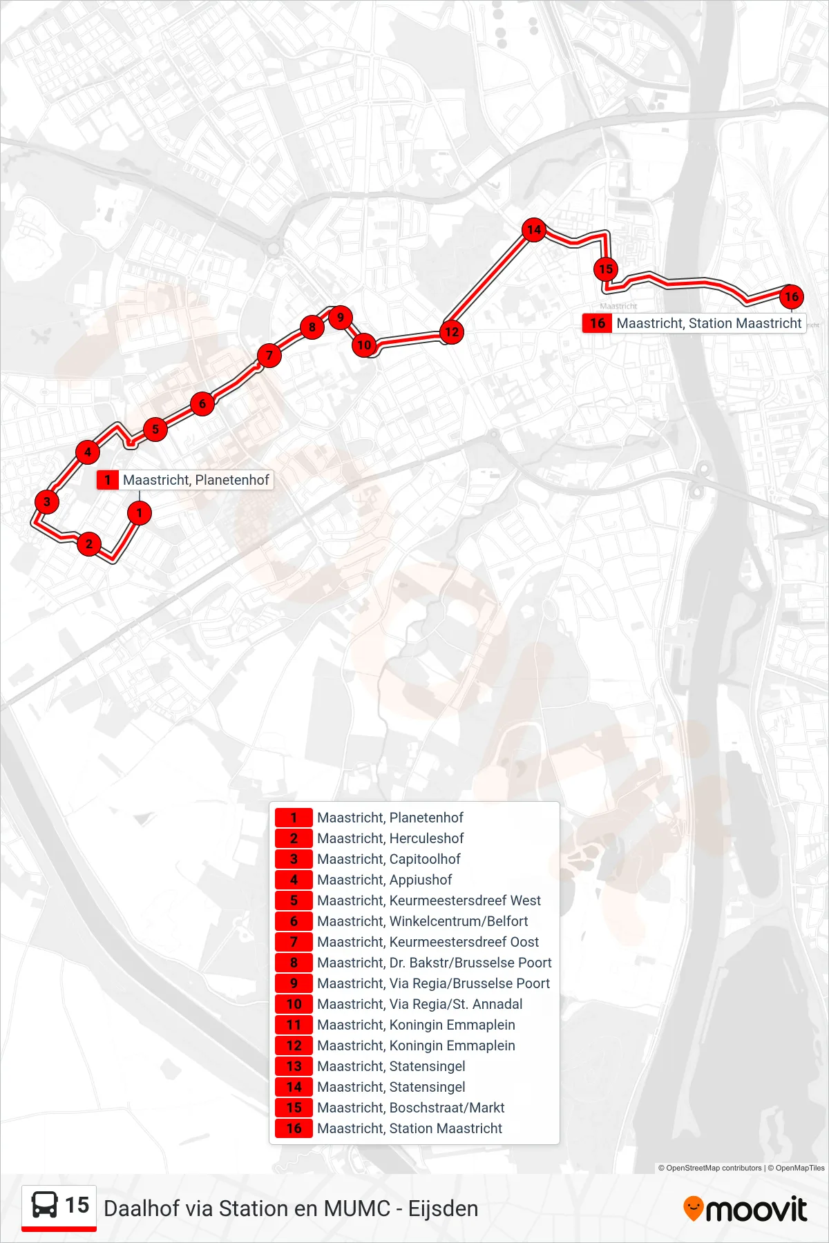 Lijn 15 (bus, Maastricht Station): route en haltes op de kaart